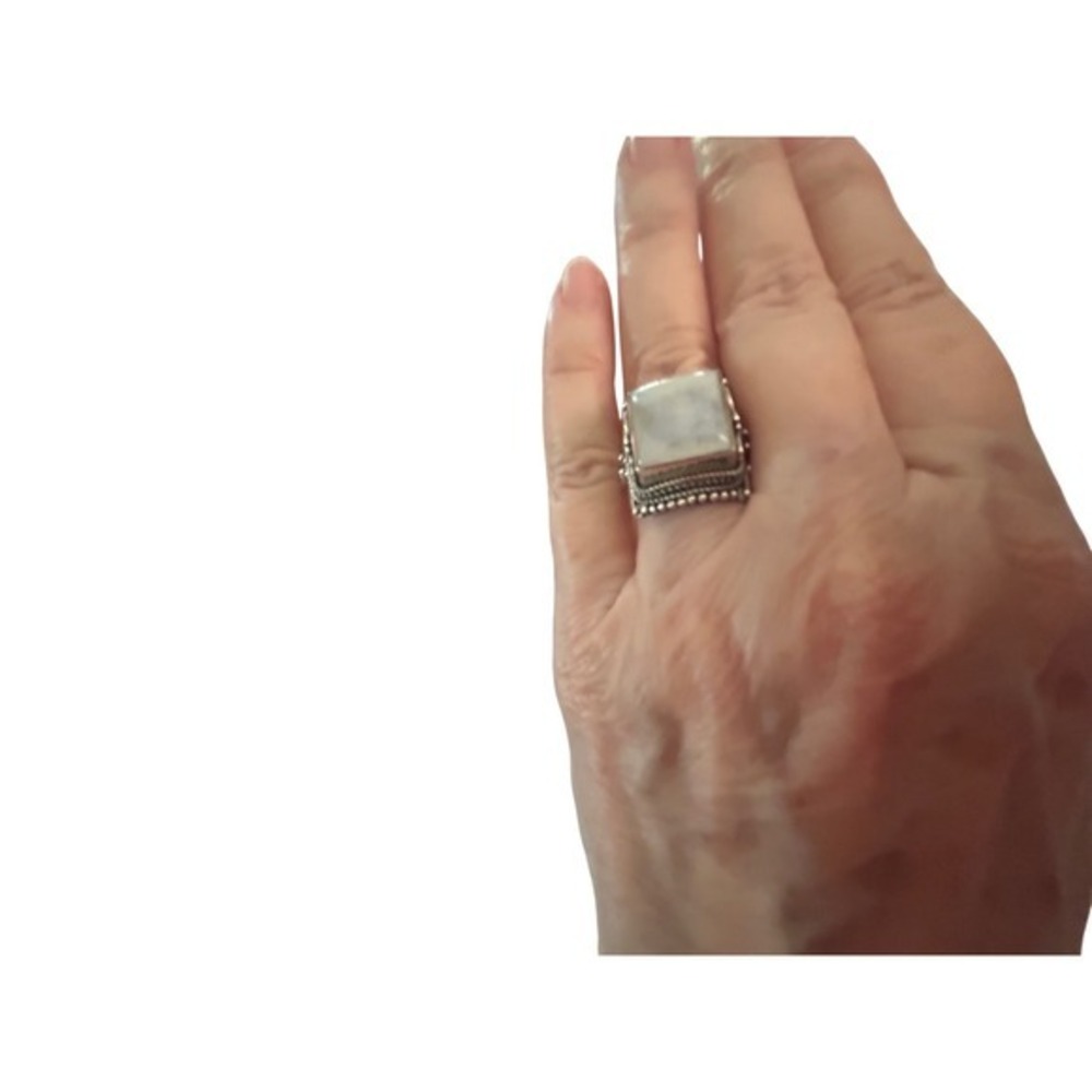 Sterling Silver 925 Square Moonstone Statement Ring India Filigree Detail
